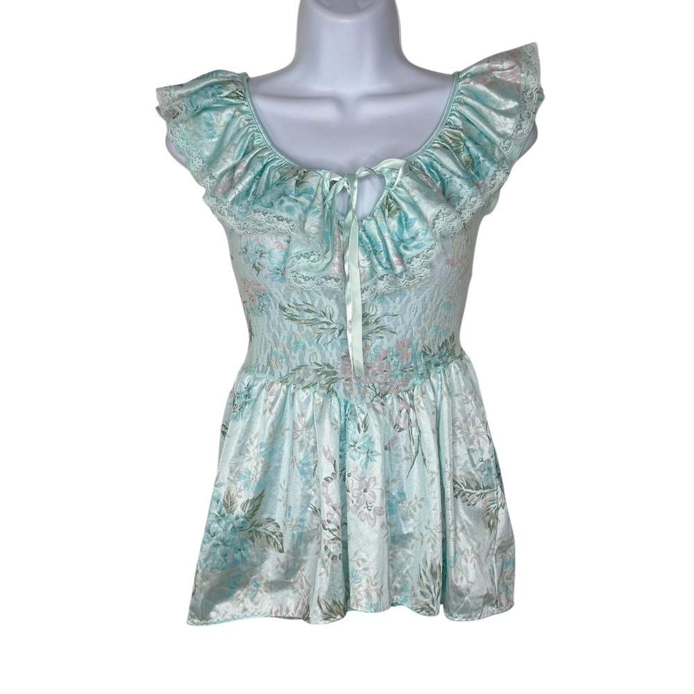 Romantic Court Babydoll Top SMALL Mint Green Floral Lace Ruffle Coquette Vintage